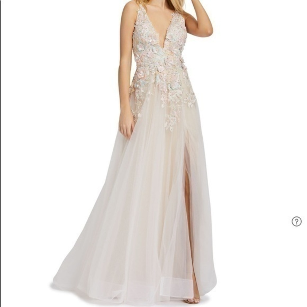 MAC DUGGAL Pastel Plunging Floral Embellished Tulle A-line Gown